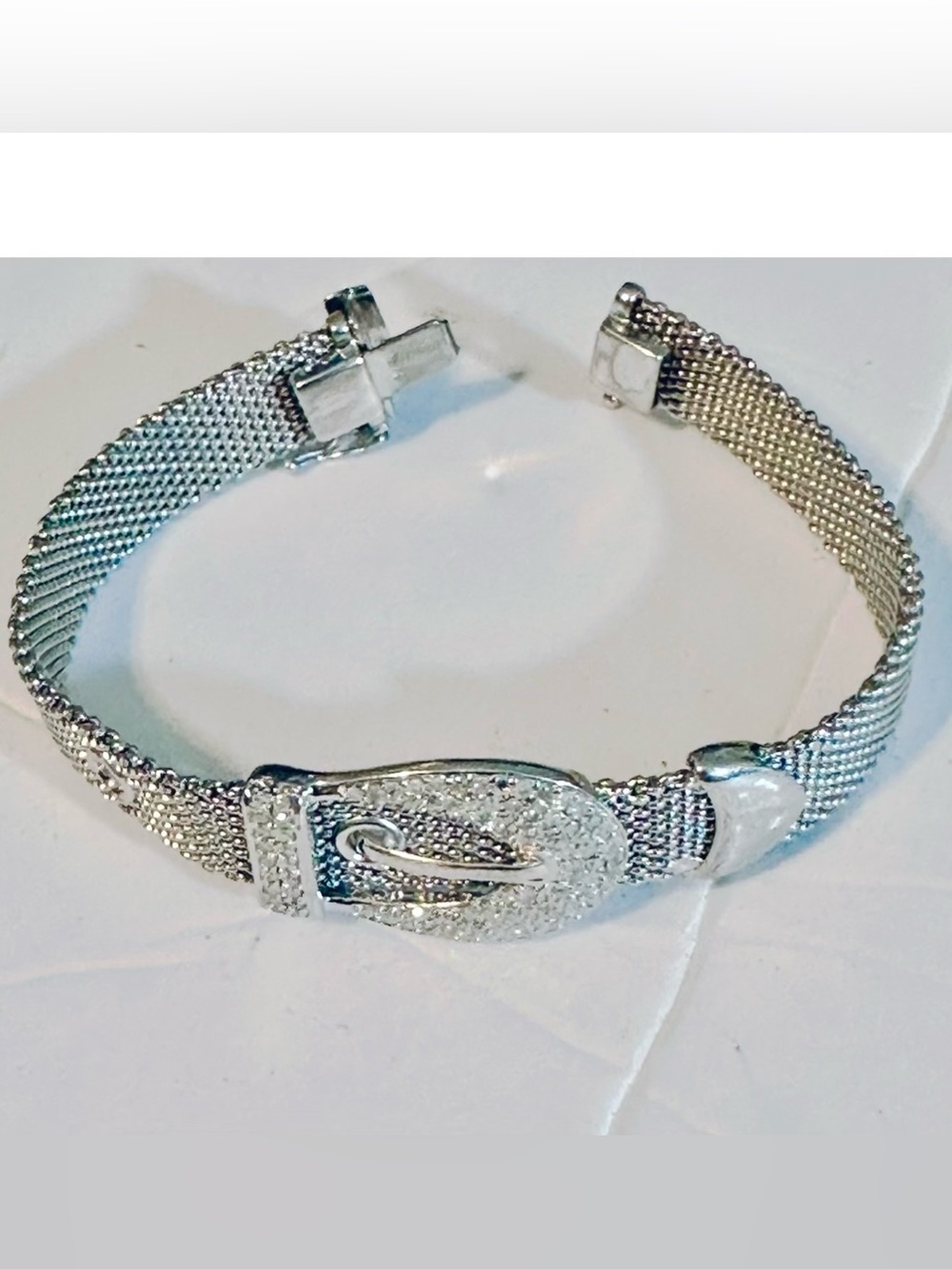 Vintage Italian 925 Sterling Silver Mesh Pavé Diamond Belt Buckle Bracelet 21g